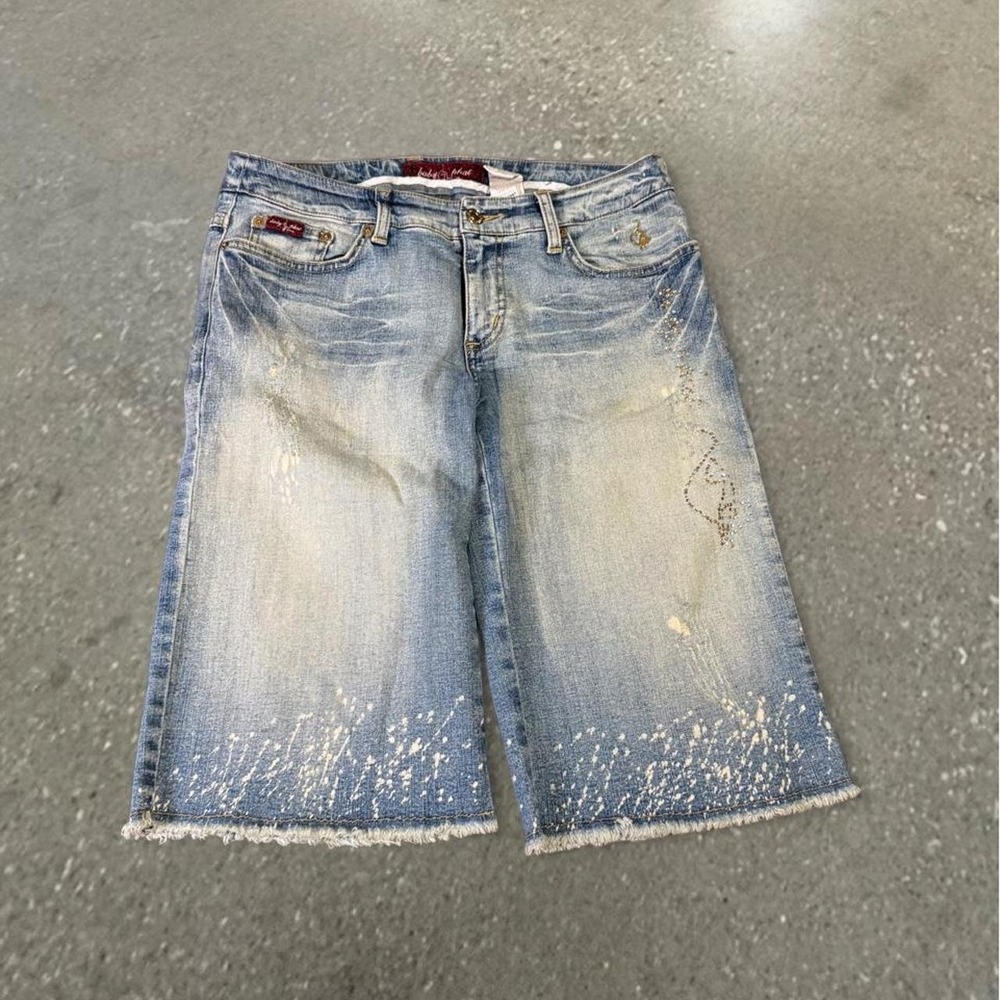 Baby Phat Y2K Blue Paint Splatter Denim Bermuda Shorts Women 7